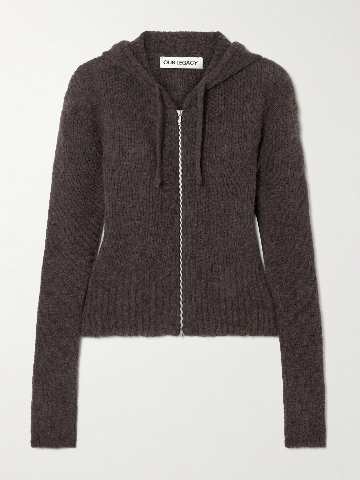 Our Legacy Compact Hooded Ribbed Brushed Alpaca-blend Cardigan In Brown