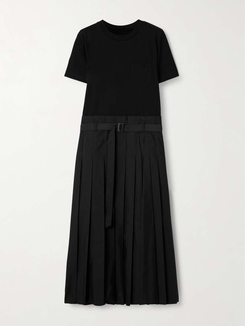 Sacai Belted Cotton-poplin And Jersey Midi Dress