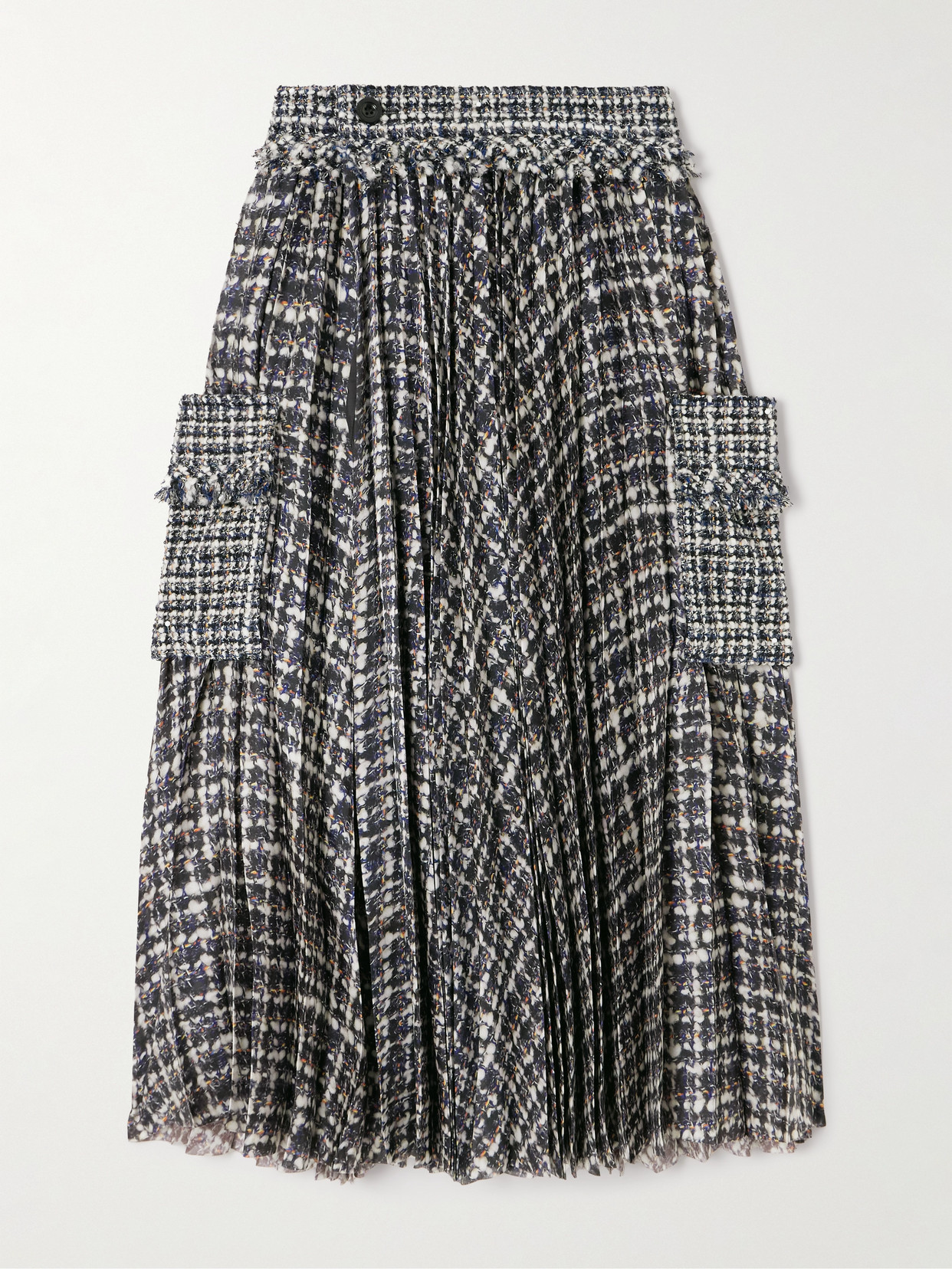 Sacai - Wool-blend Tweed-trimmed Pleated Printed Poplin Midi Skirt - Black