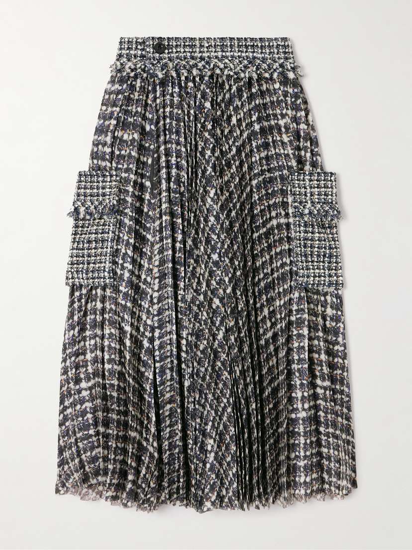 Sacai Wool-blend Tweed-trimmed Pleated Printed Poplin Midi Skirt
