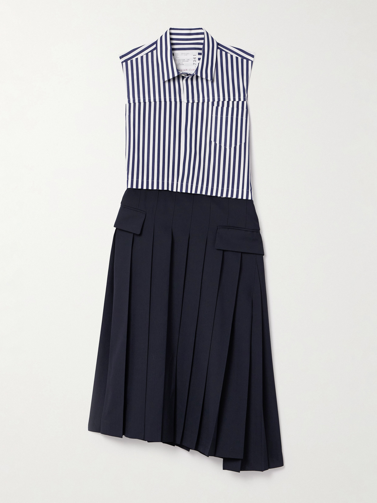 Sacai - Striped Asymmetric Pleated Cotton-poplin And Woven Midi Dress - Blue