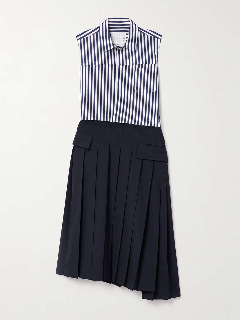 Sacai Striped Asymmetric Pleated Cotton-poplin And Woven Midi Dress