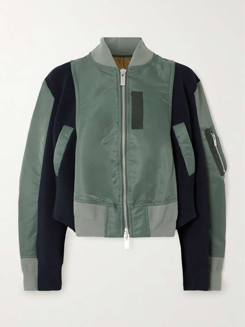 Sacai Paneled Cotton-blend Shell And Ribbed-knit Bomber Jacket