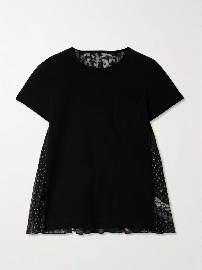Sacai Printed Twill And Chiffon-trimmed Cotton-jersey T-shirt