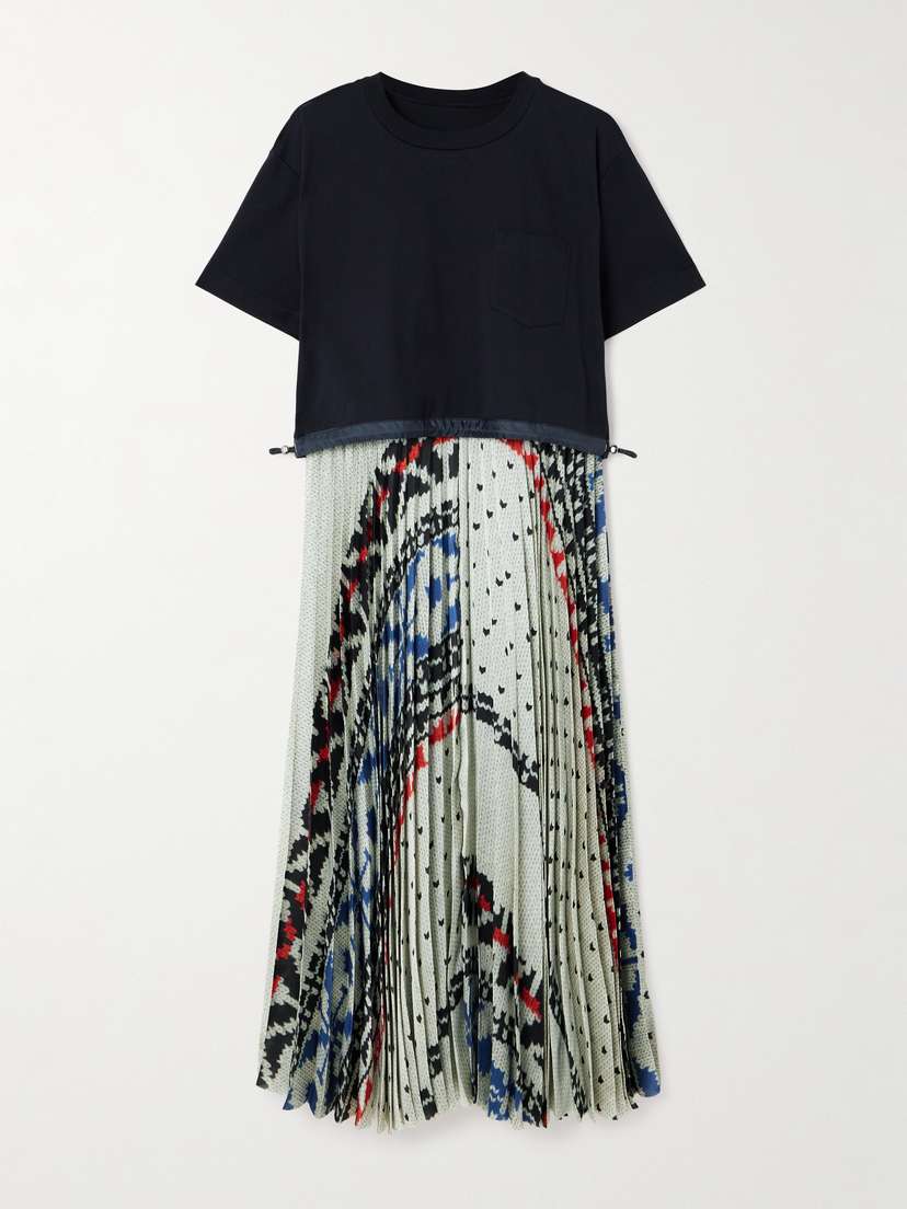 Sacai Pleated Satin-trimmed Cotton-jersey Midi Dress