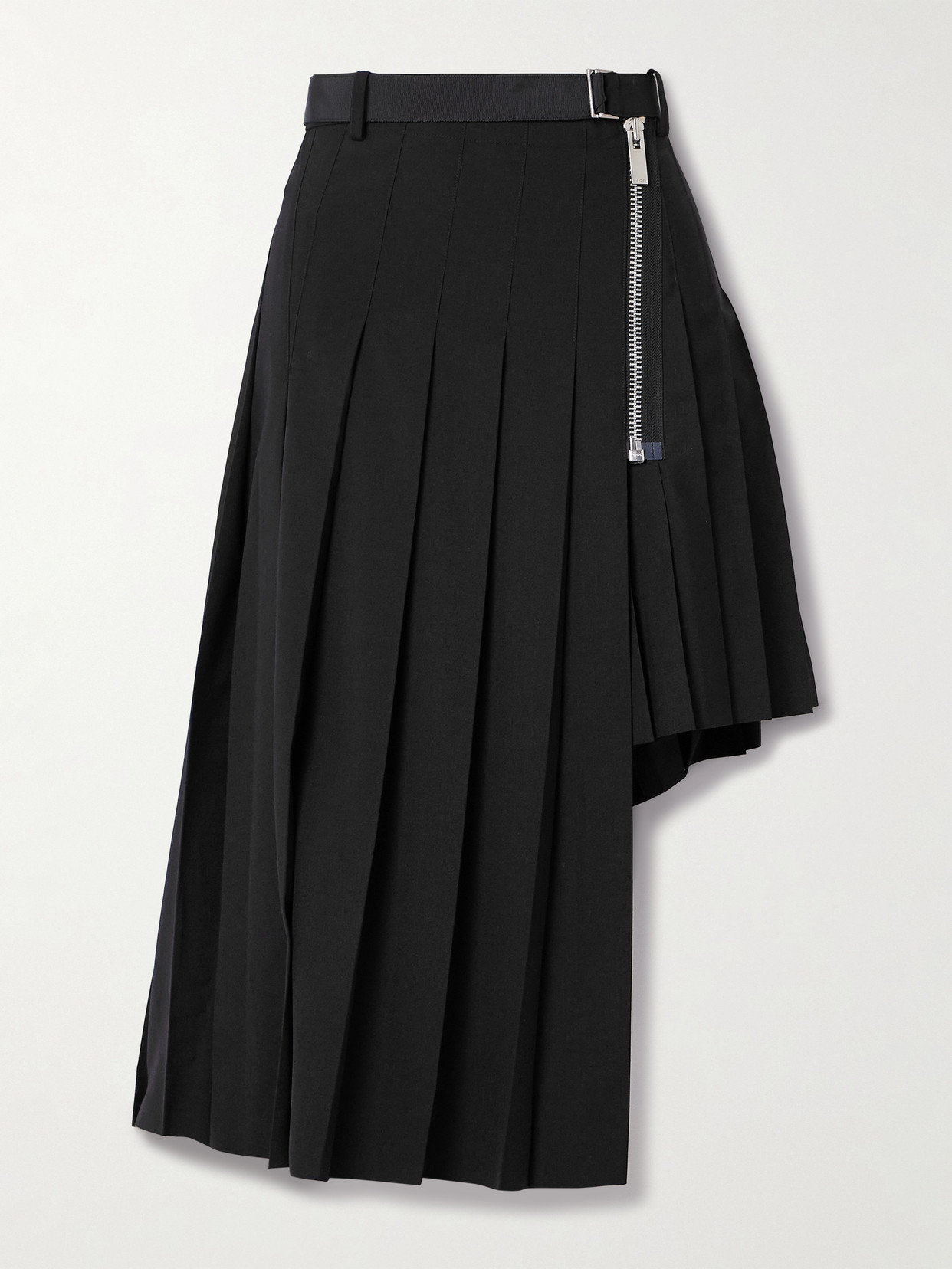 Sacai Asymmetric Belted Pleated Woven Midi Skirt In Black