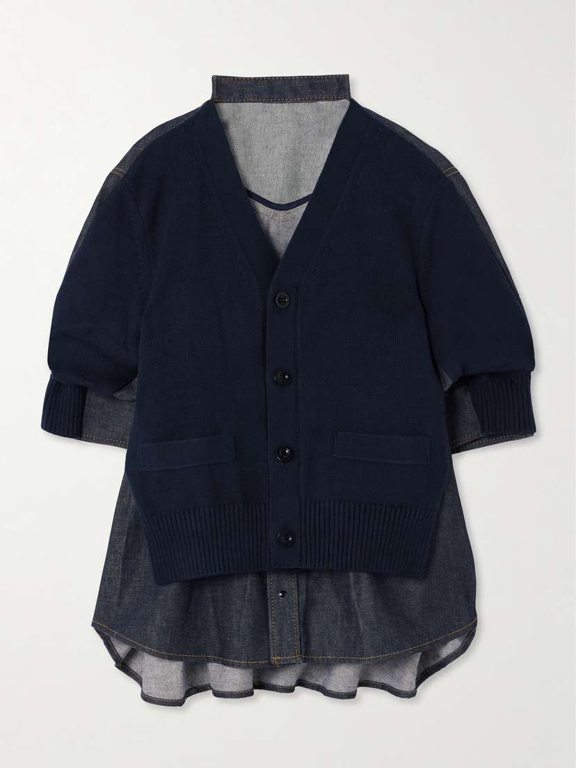 Sacai Paneled Denim And Cotton Cardigan