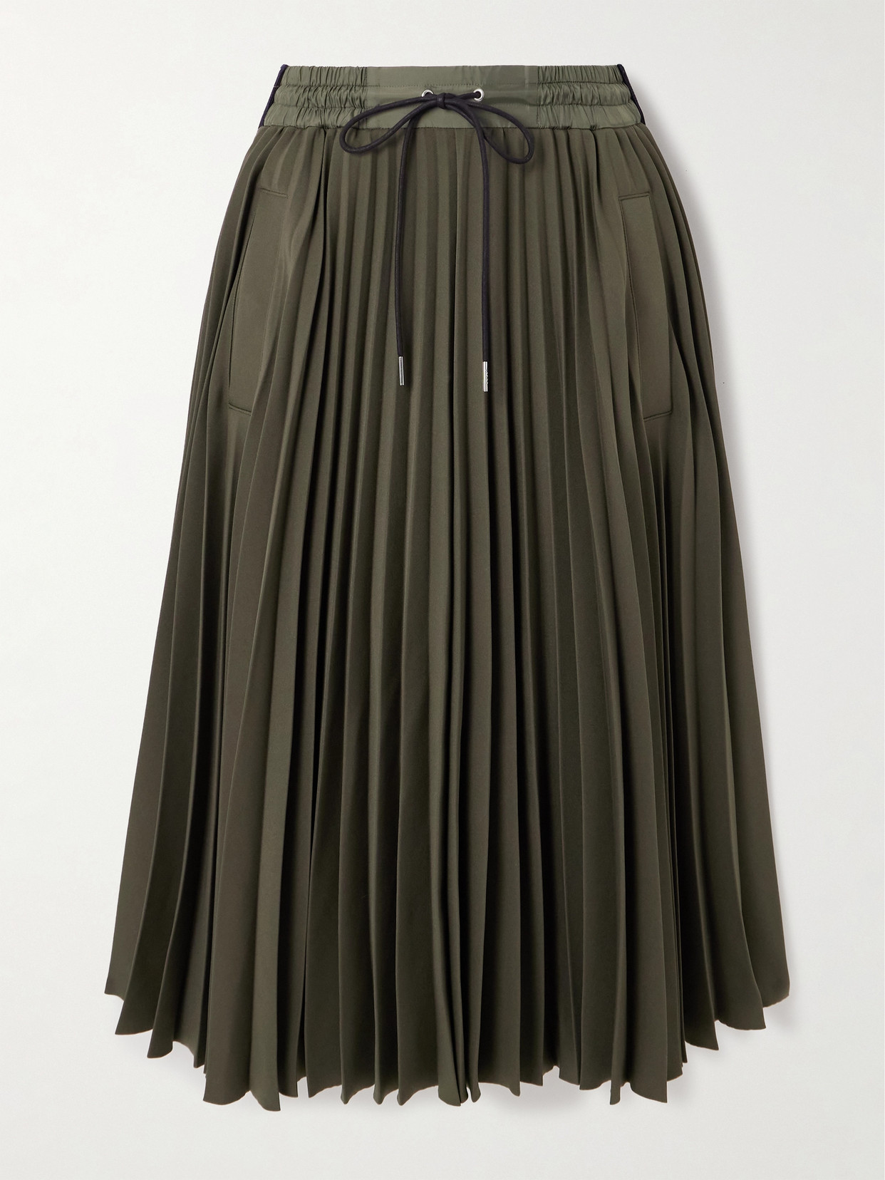 Sacai - Ribbed-knit Trimmed Pleated Tech-jersey Midi Skirt - Green