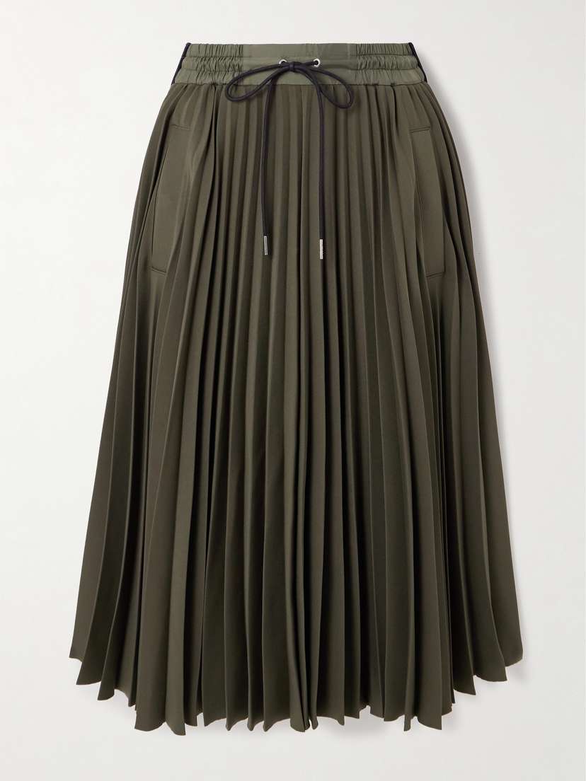 Sacai Ribbed-knit Trimmed Pleated Tech-jersey Midi Skirt