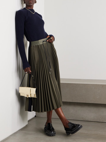 Sacai Ribbed-knit trimmed pleated tech-jersey midi skirt