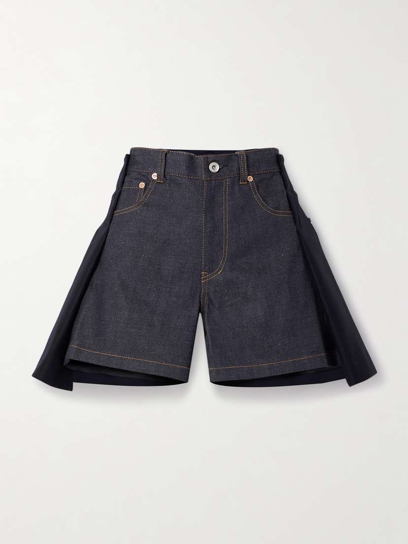 Sacai Paneled Denim And Wool-felt Shorts