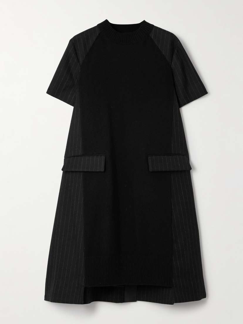 Sacai Wool And Pinstriped Poplin Midi Dress