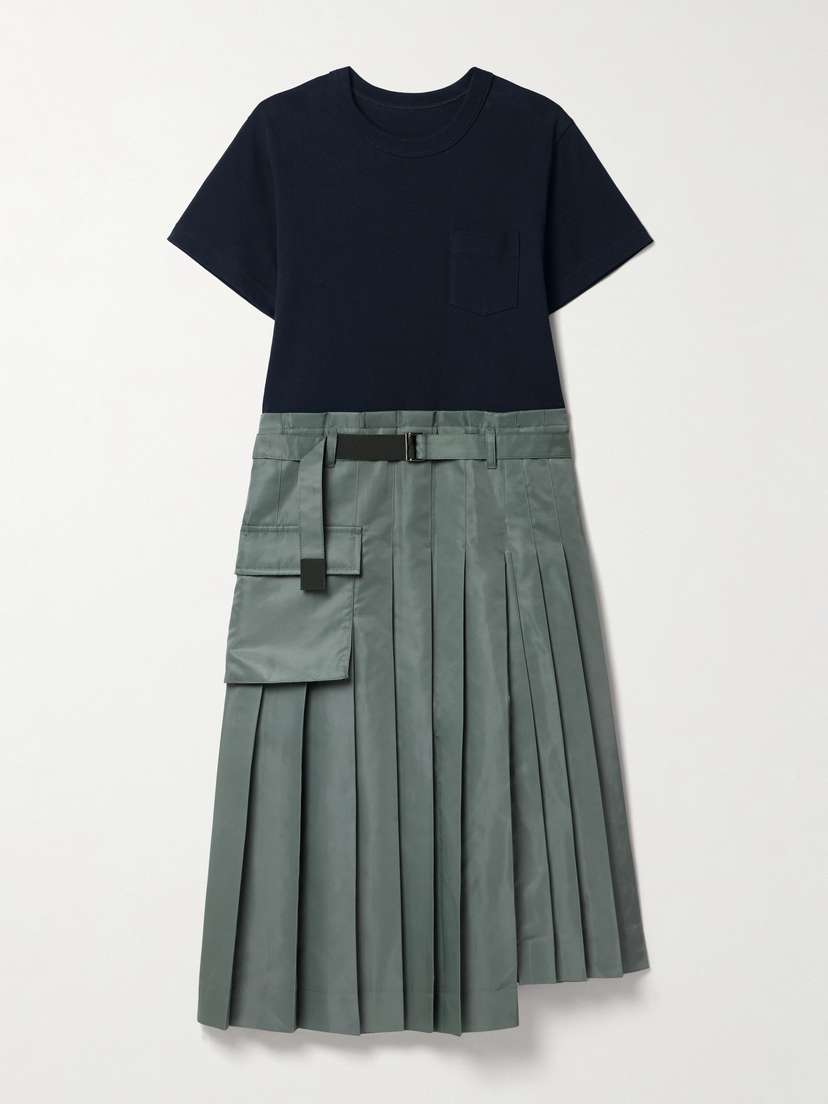 Sacai Belted Pleated Shell And Cotton-jersey Midi Dress