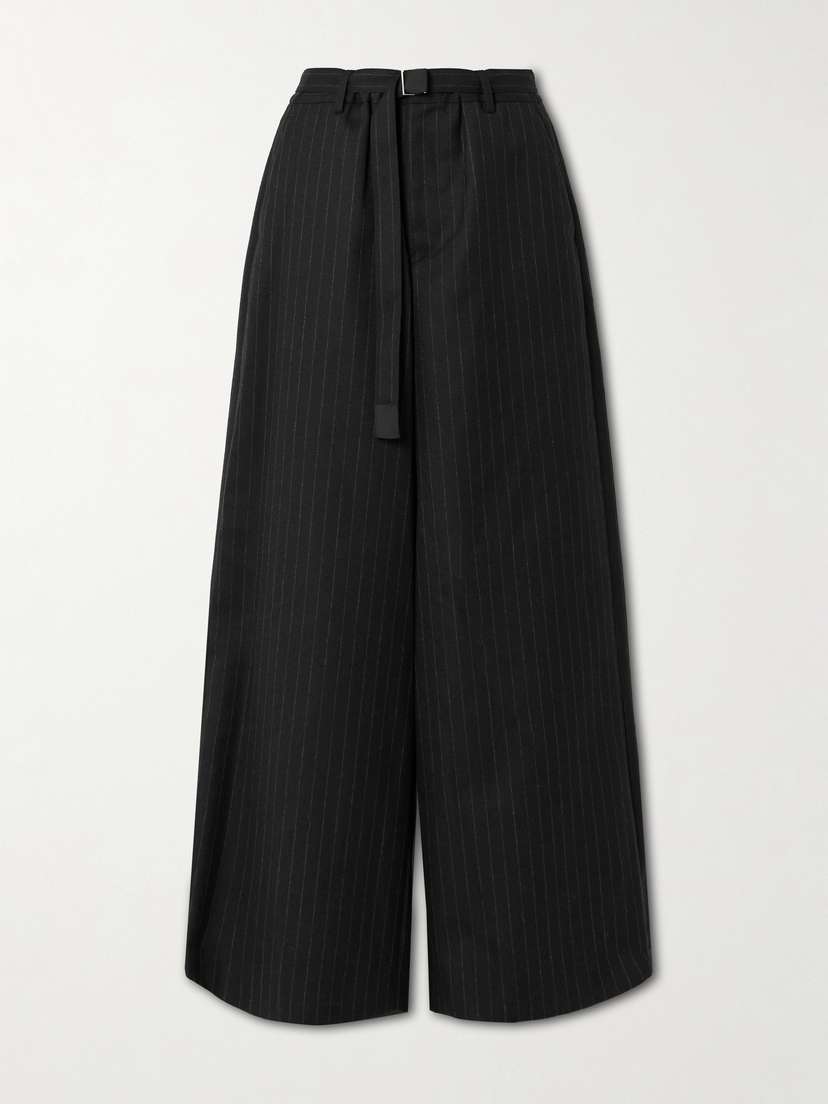 Sacai Belted Pinstriped Brushed Wool-twill Wide-leg Pants