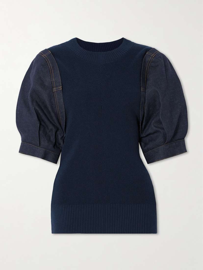 Sacai Paneled Topstitched Denim And Ribbed Cotton Sweater