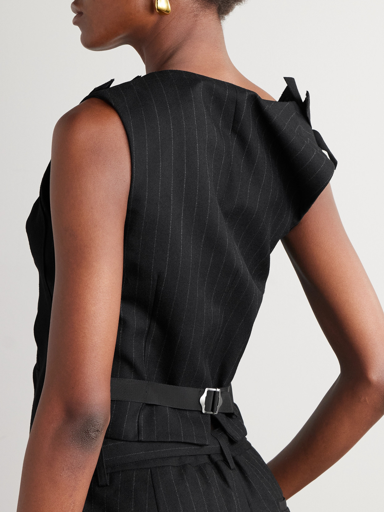 Sacai Layered Padded Pinstriped Wool Vest In Black