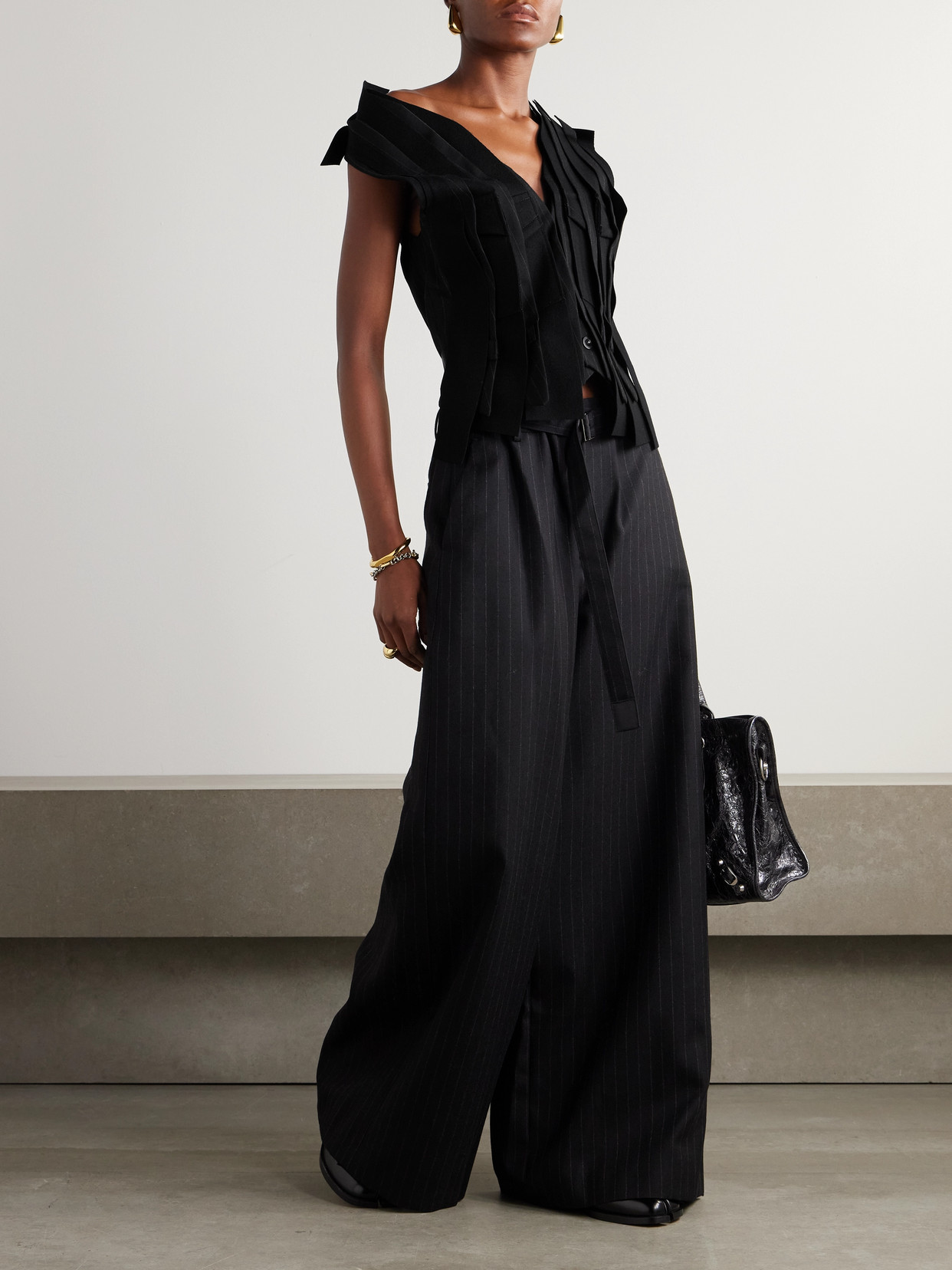 Sacai Layered Padded Pinstriped Wool Vest In Black