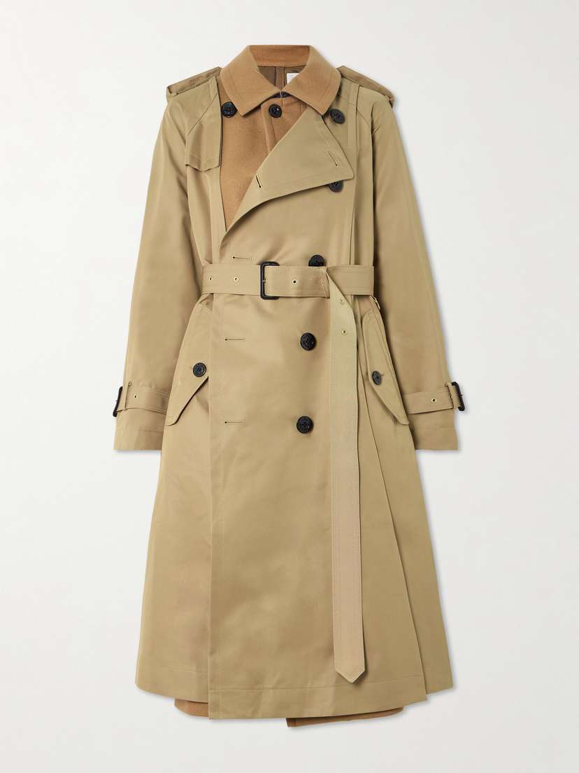 Sacai Belted Paneled Cotton-blend Gabardine And Wool-felt Trench Coat