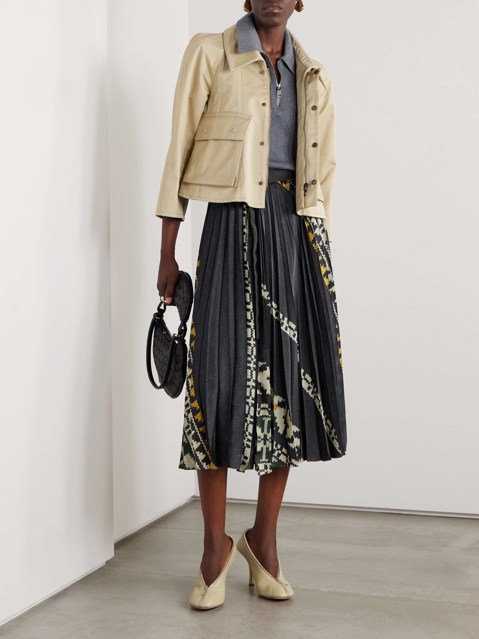SACAI Pleated printed twill midi skirt NET A PORTER