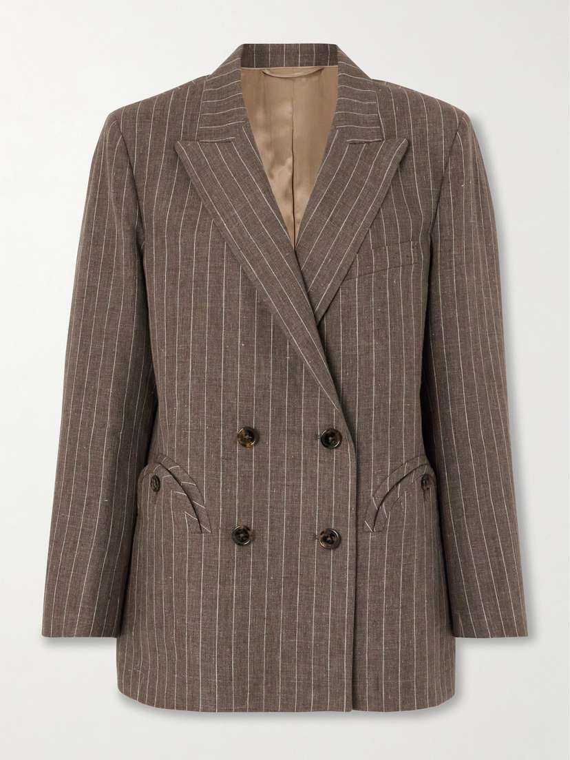 Blazé Milano Havana Everynight Double-breasted Pinstriped Linen Blazer