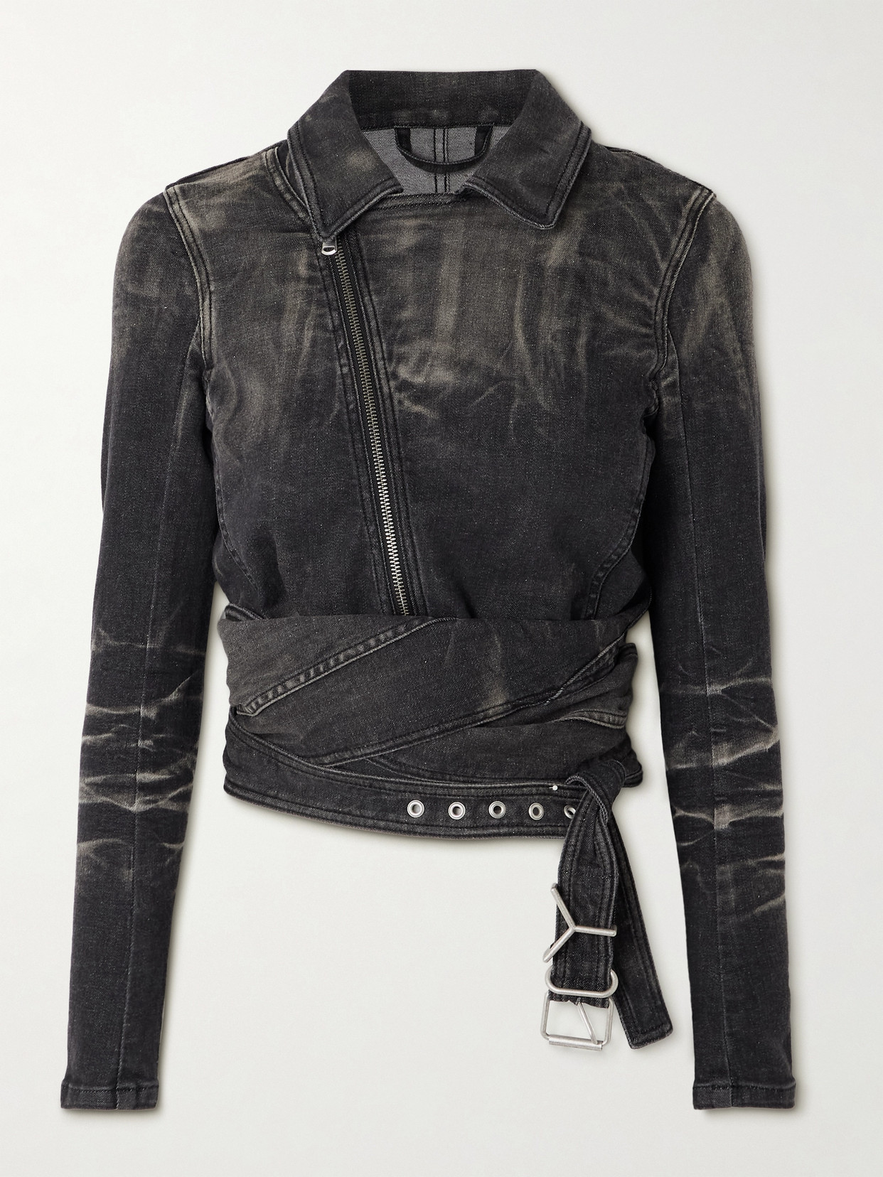 Y/project Cutout Bleached Denim Wrap Jacket In Black