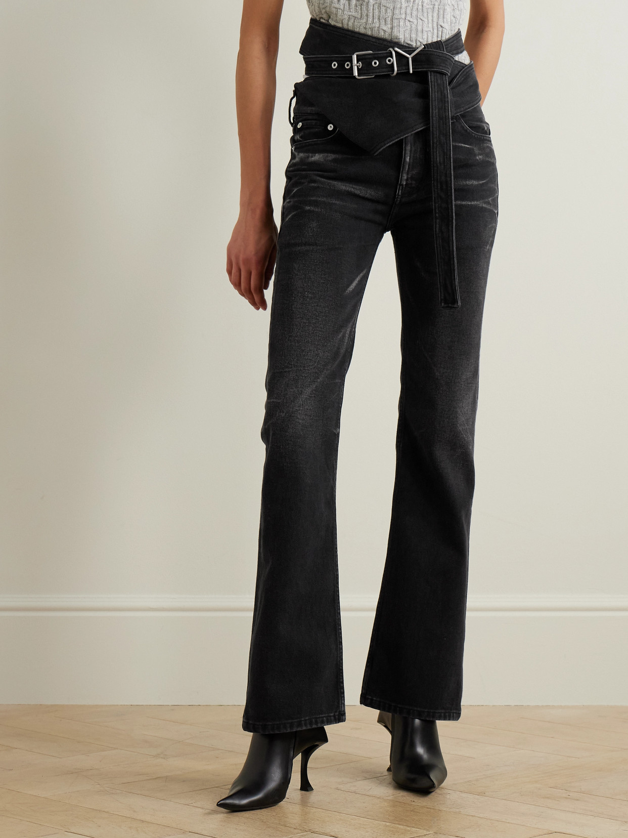 Y/Project - Belted Bleached Low-Rise Flared Jeans