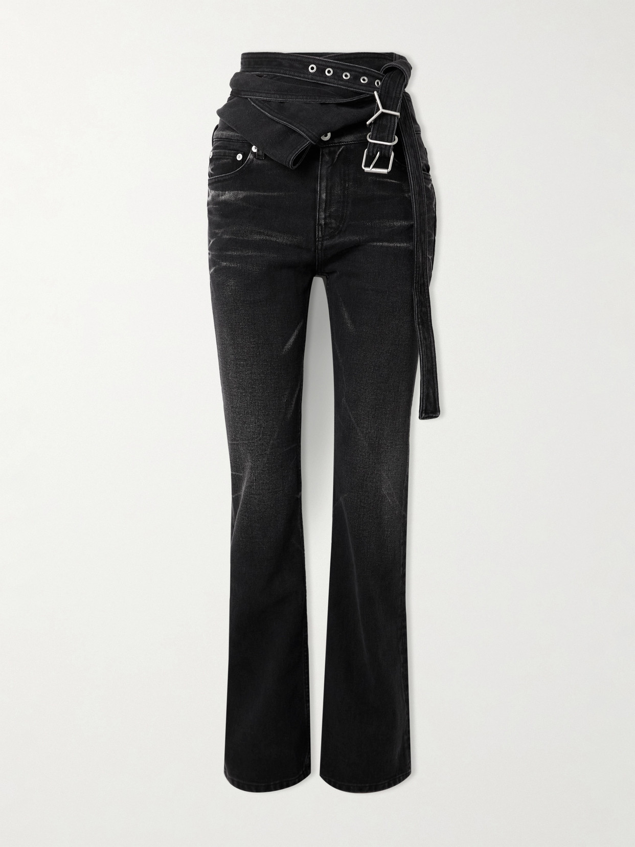 Y/project Belted Bleached Low-rise Flared Jeans In Black