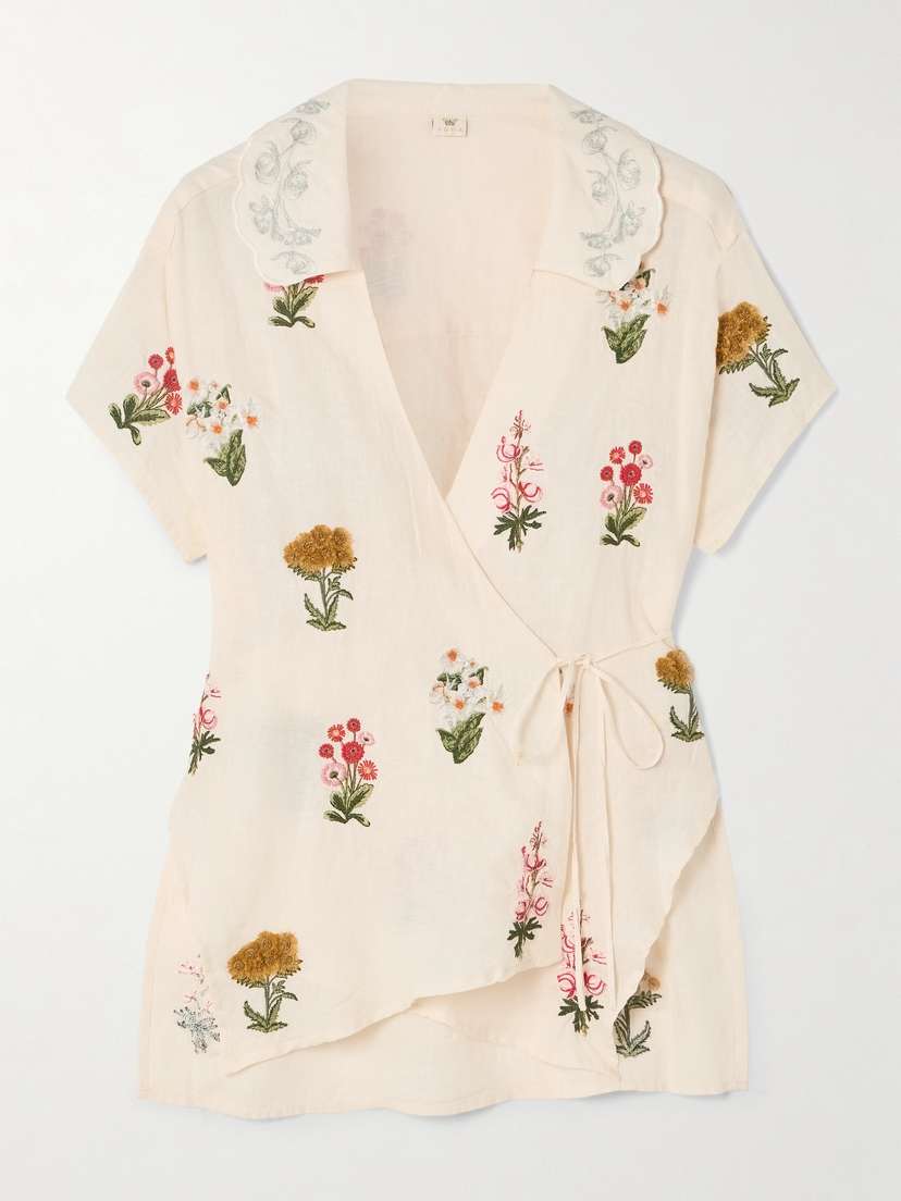 Agua by Agua Bendita Calma Prado Asymmetric Embroidered Linen Wrap Shirt
