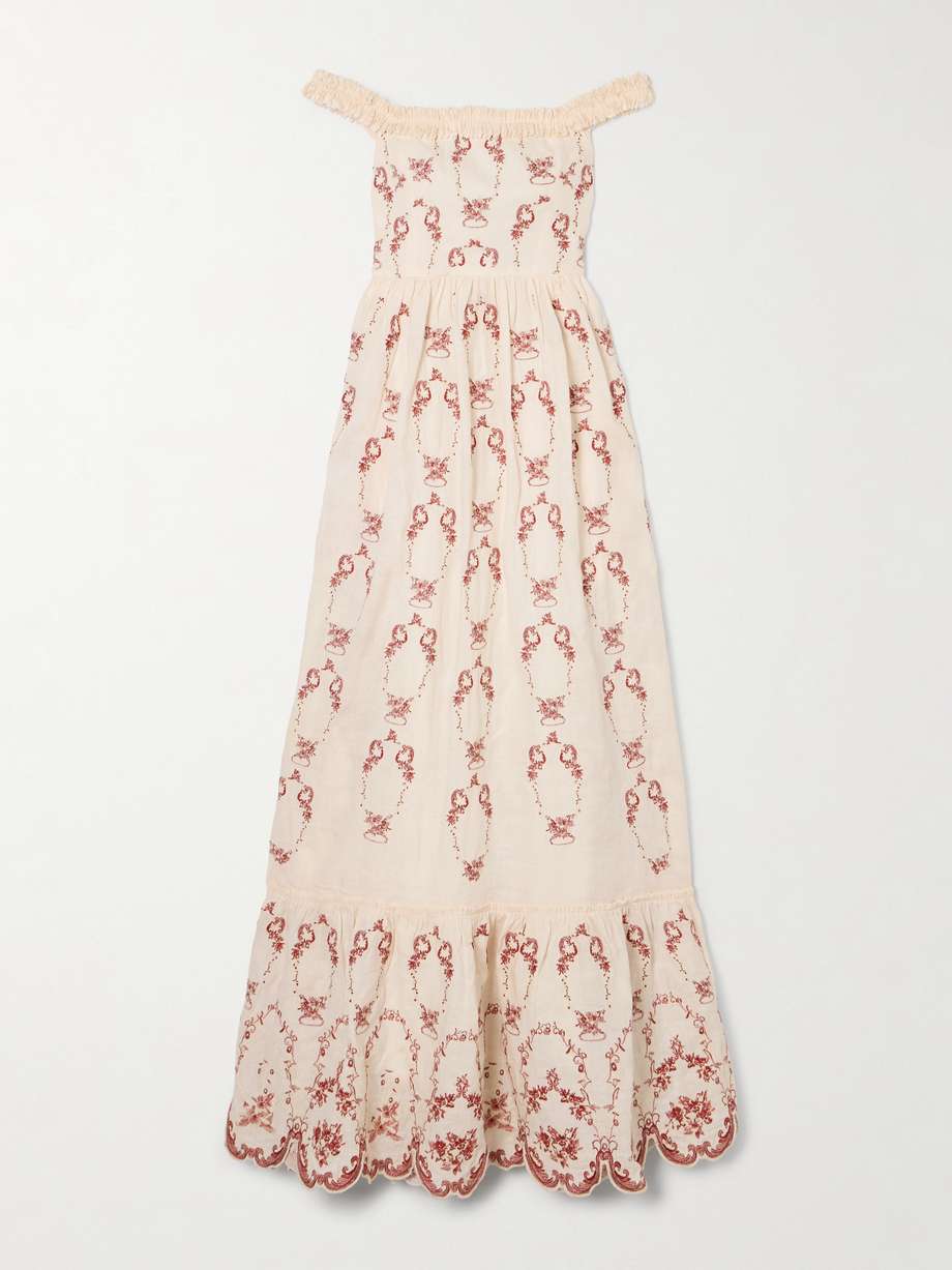 off-the-shoulder shirred tiered embroidered linen maxi dress