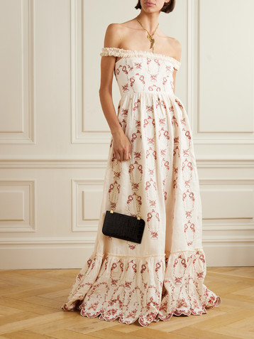 Agua by Agua Bendita Off-the-shoulder shirred tiered embroidered linen maxi dress