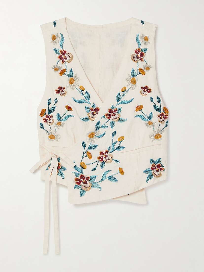 Agua by Agua Bendita Bella Florero Appliquéd Embroidered Linen Wrap Vest