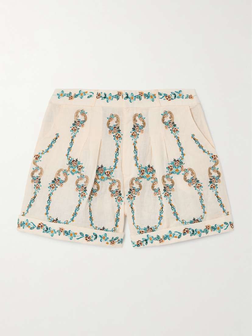Agua by Agua Bendita Romy Florero Pleated Embroidered Linen Shorts