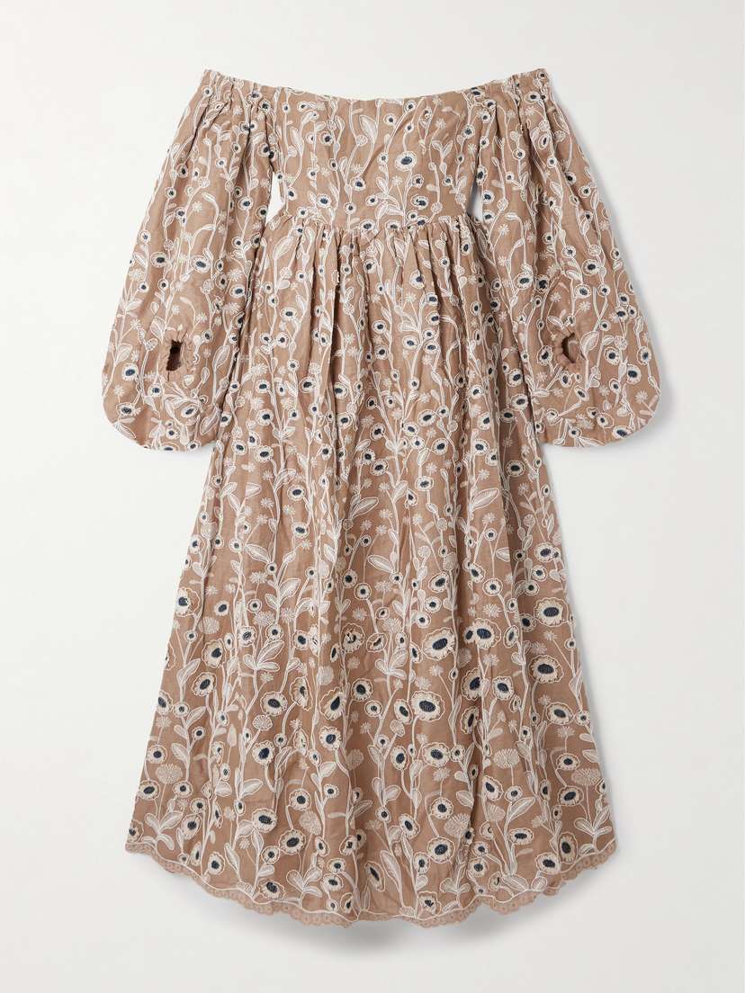 Agua by Agua Bendita Alheli Petalo Off-the-shoulder Embroidered Linen Maxi Dress
