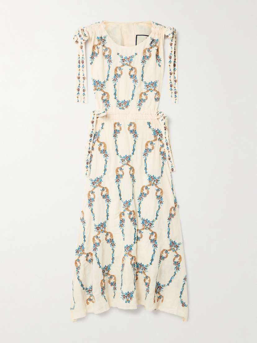Agua by Agua Bendita Guaguancò Florero Tie-detailed Cutout Embroidered Linen Midi Dress