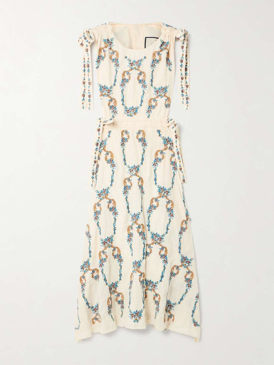 guaguancò florero tie-detailed cutout embroidered linen midi dress