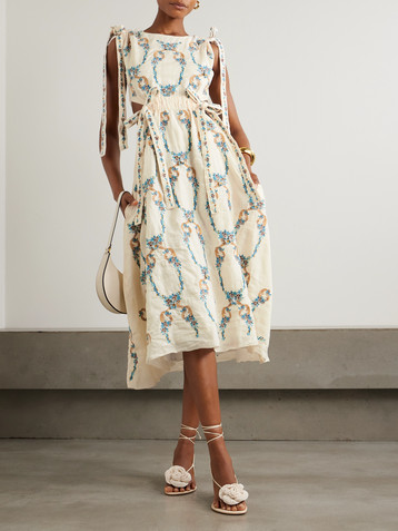 Agua by Agua Bendita Guaguancò Florero tie-detailed cutout embroidered linen midi dress