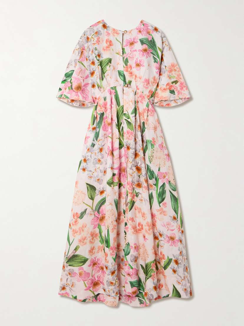 Agua by Agua Bendita Gesto Jardinera Pleated Floral-print Linen Maxi Dress