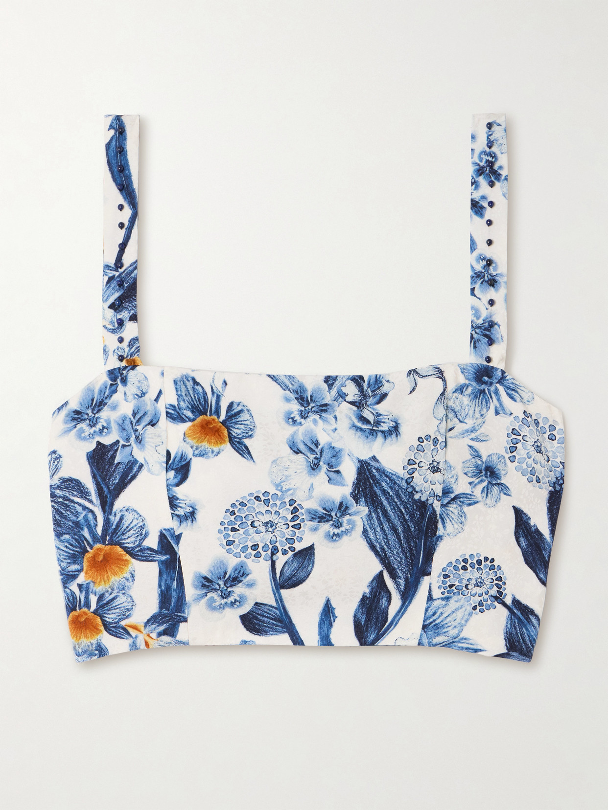 Agua By Agua Bendita Luciana Cropped Embellished Floral-print Ecovero™-blend Jacquard Top In Blue