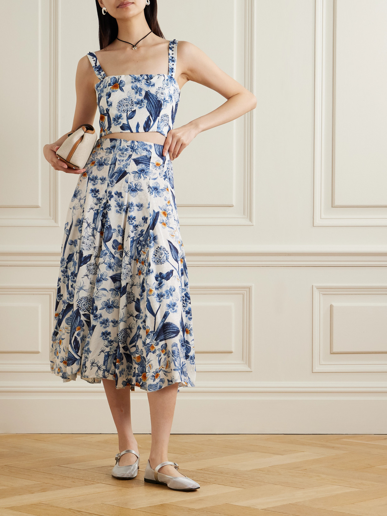 Agua By Agua Bendita Luciana Cropped Embellished Floral-print Ecovero™-blend Jacquard Top In Blue