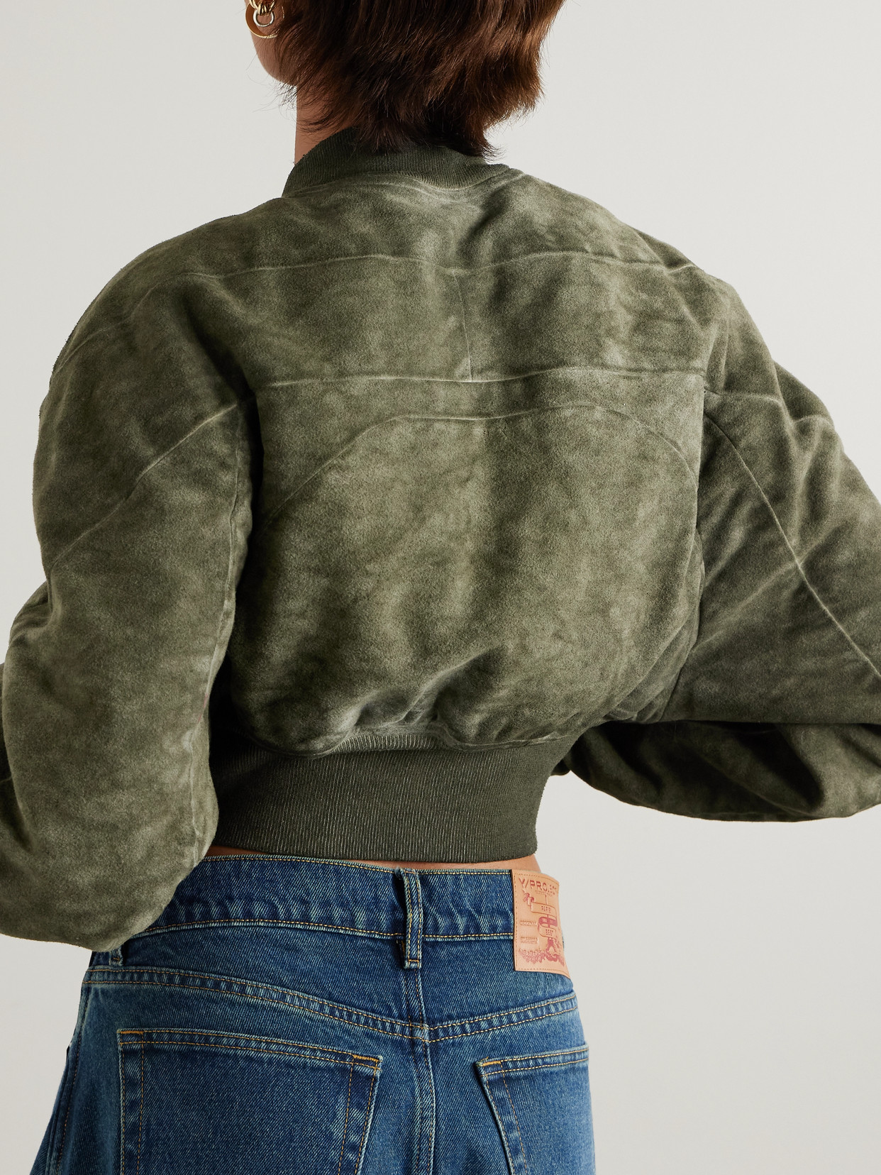 Rick Owens Cropped Bleached Brushed-cotton Bomber Jacket In Green