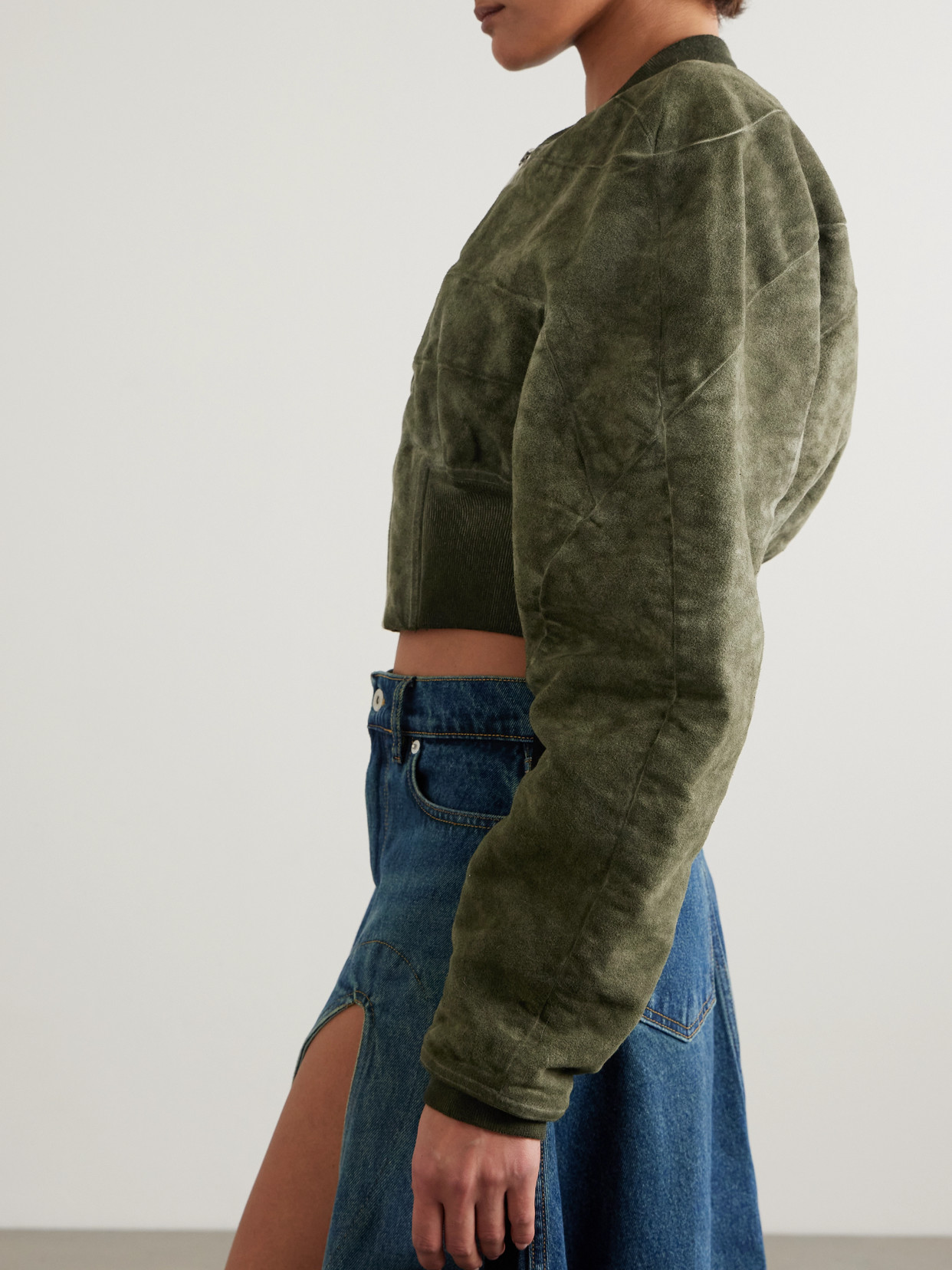 Rick Owens Cropped Bleached Brushed-cotton Bomber Jacket In Green