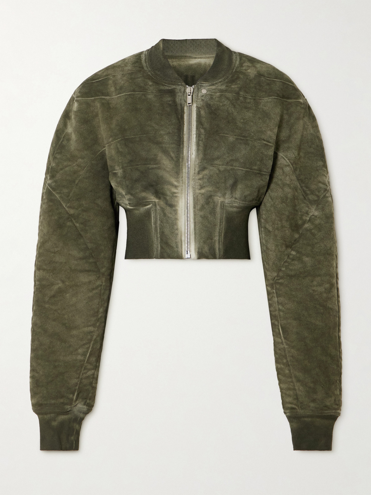 Rick Owens Cropped Bleached Brushed-cotton Bomber Jacket In Green