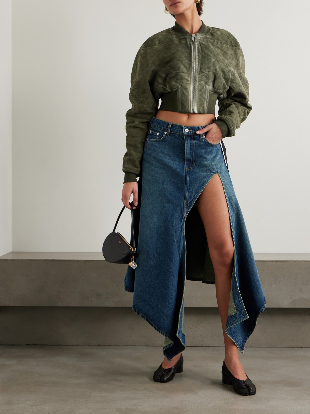 Rick Owens Cropped Bleached Brushed-cotton Bomber Jacket In Green