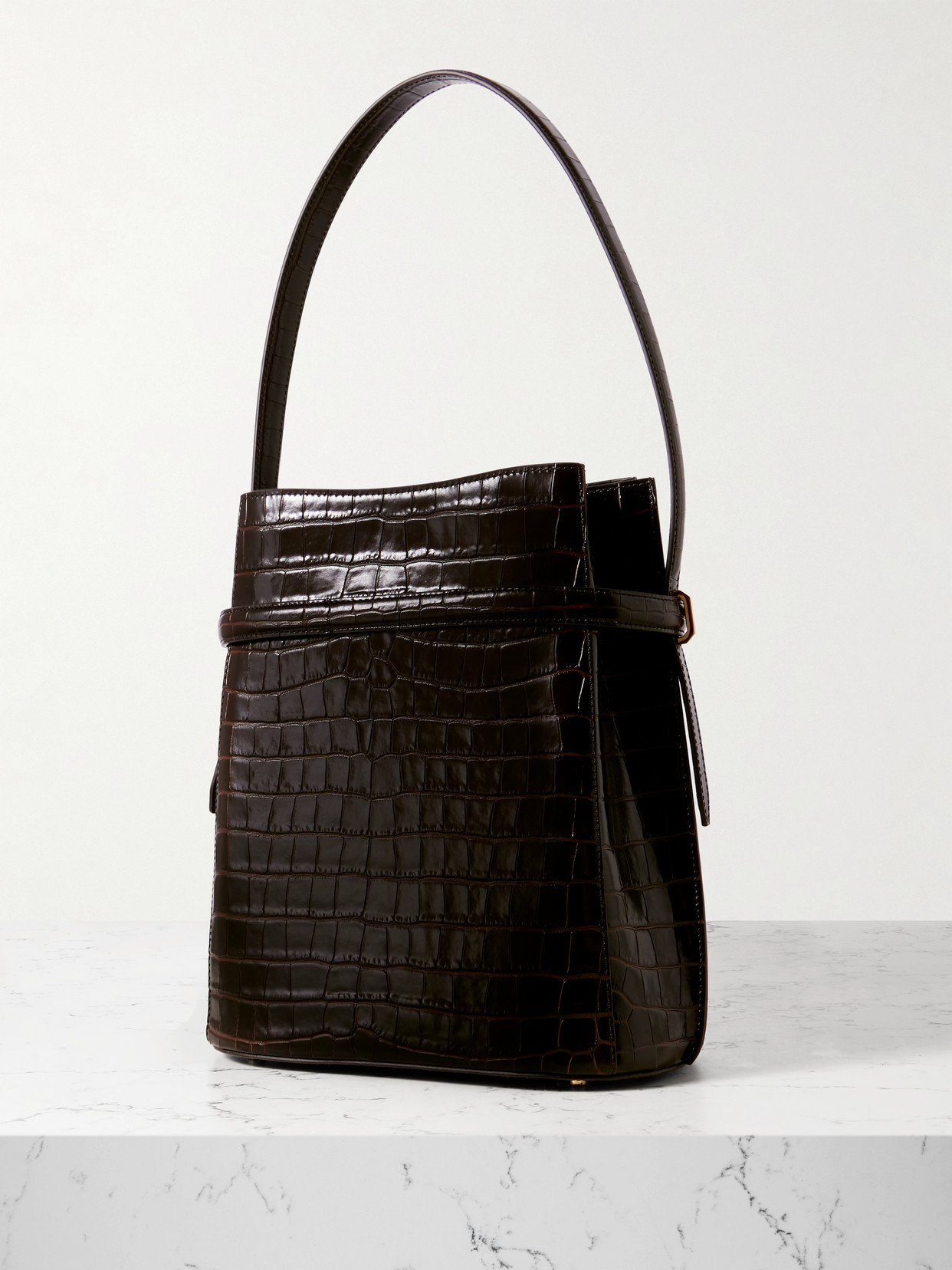 Totême Belted Croc-effect Leather Tote In Brown