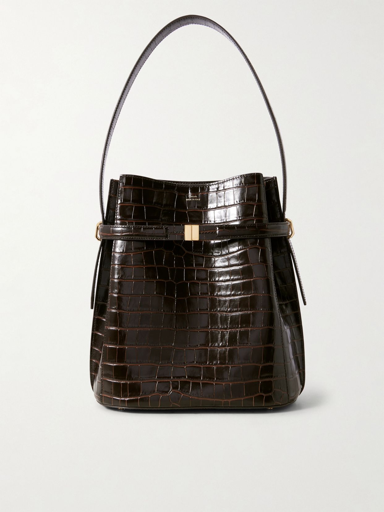 belted croc effect leather tote