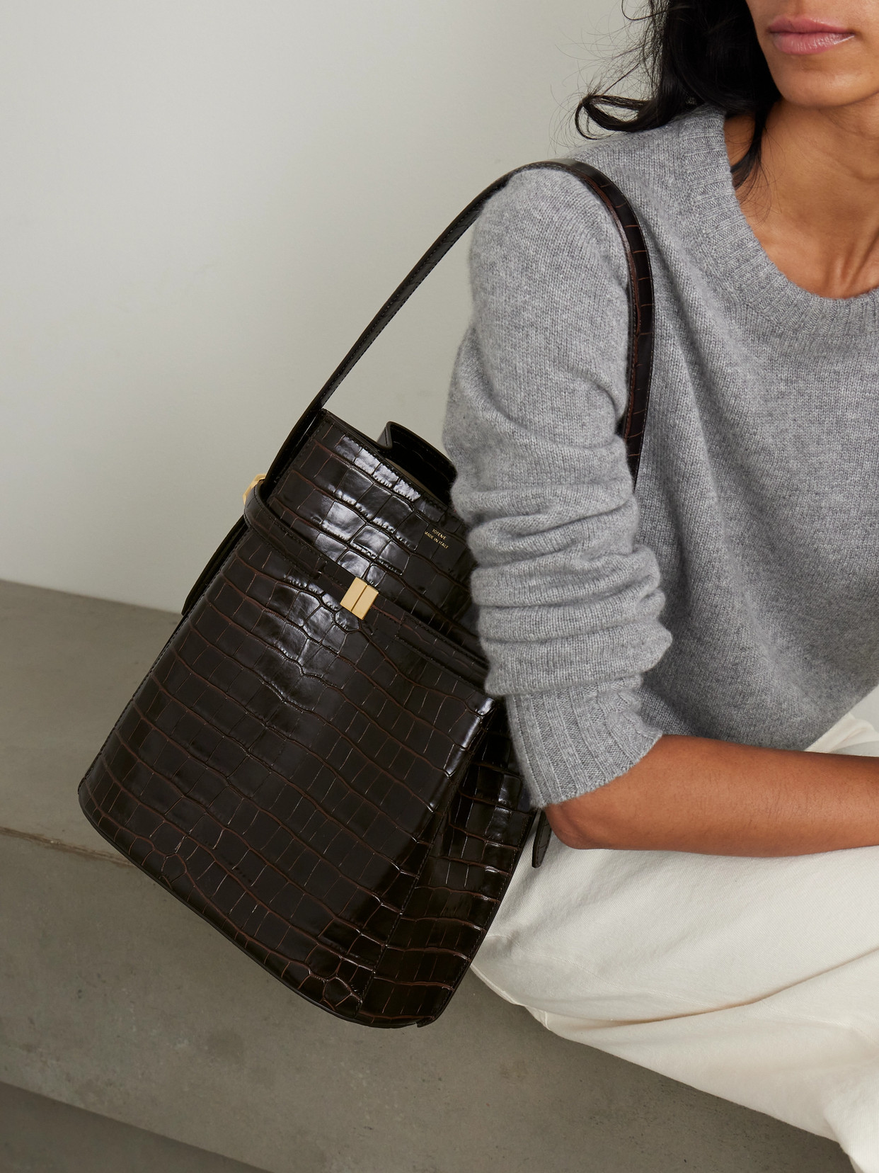 Totême Belted Croc-effect Leather Tote In Brown