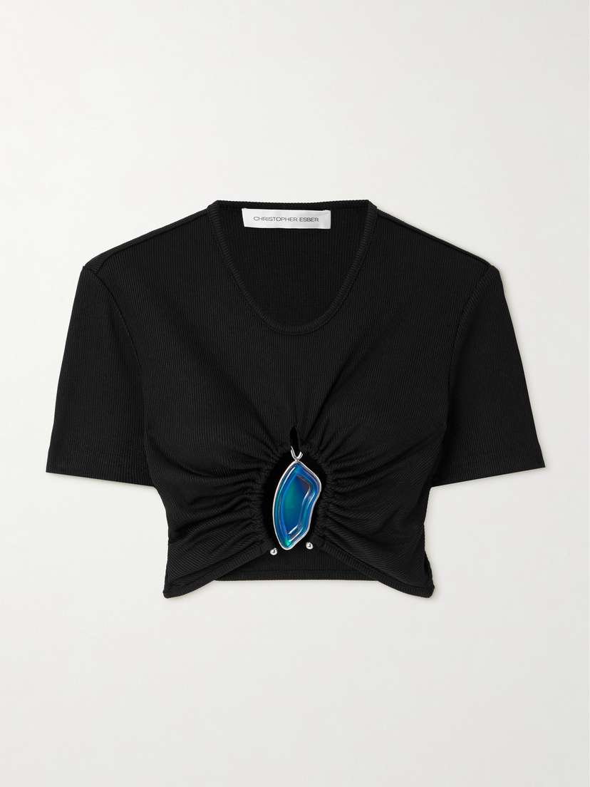 Christopher Esber Moodstone Embellished Cropped Ruched Ribbed Stretch-jersey Top