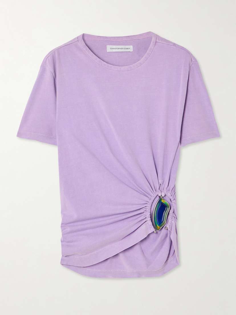 Christopher Esber Moodstone Embellished Gathered Cotton-jersey T-shirt