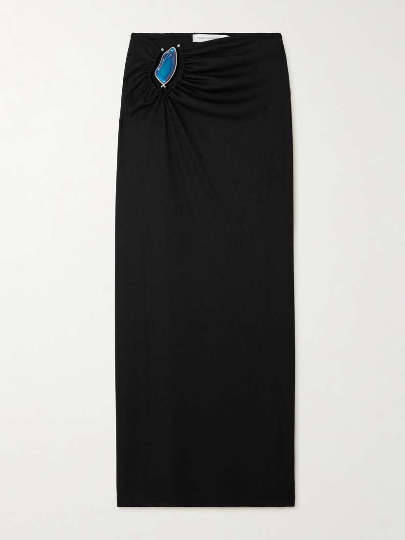 Christopher Esber Moodstone Embellished Ruched Ribbed Stretch-jersey Maxi Skirt