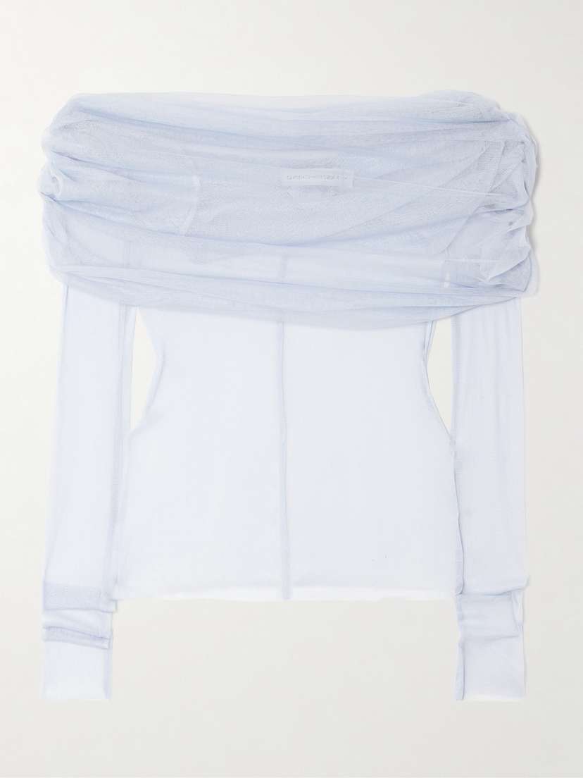 Christopher Esber Veiled Draped Off-the-shoulder Silk-tulle Top